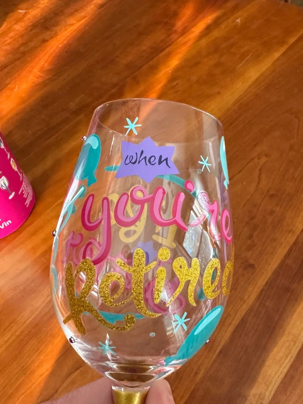 Lolita Pink, Gold & Teal Hand-Painted Wine Glass